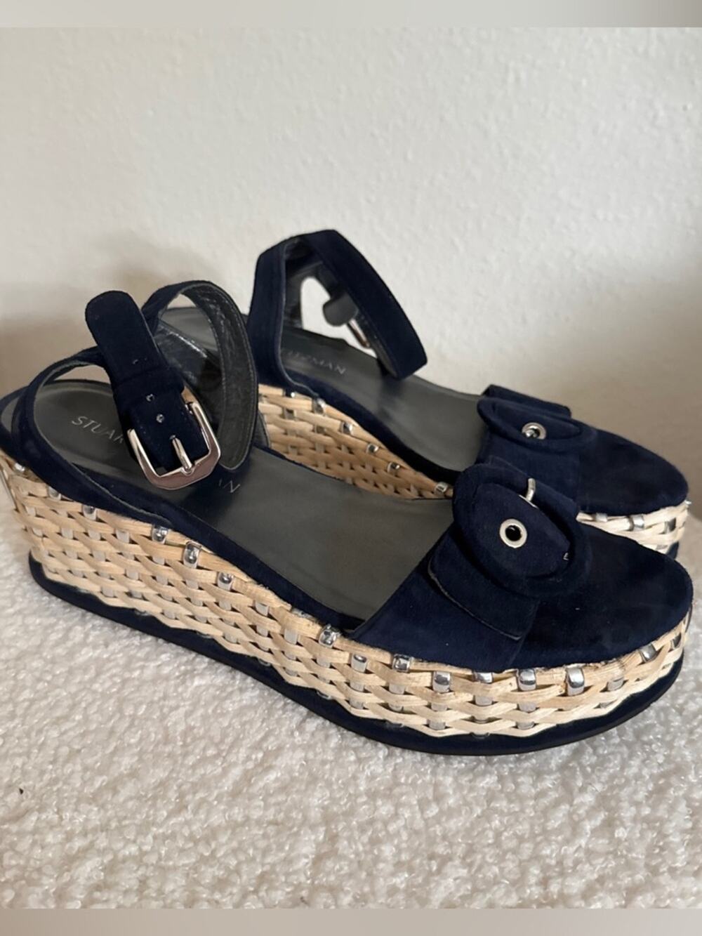 Stuart Weitzman Suede Buckle Wicker Wedges 8.5